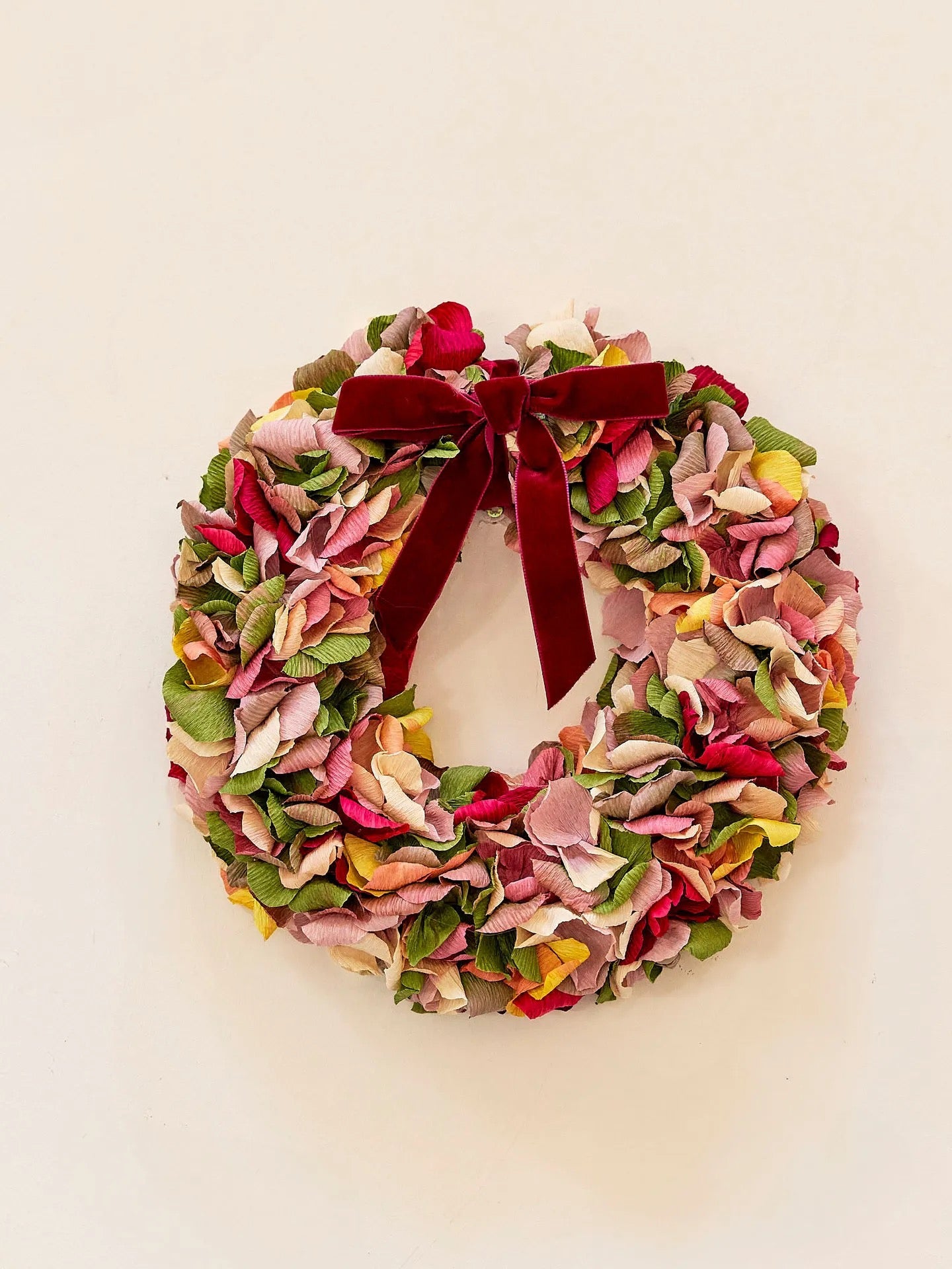 Green, Plum & Pink Crepe Paper Wreath 30cm