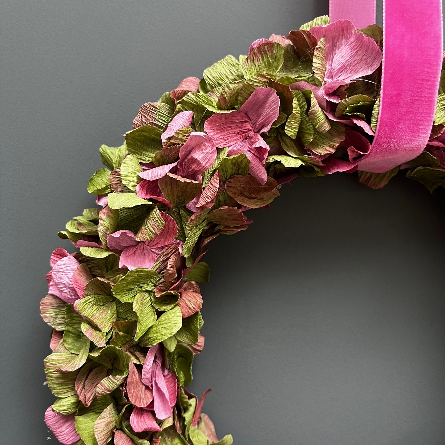 Green & Dusky Pink Crepe Paper Wreath 27cm