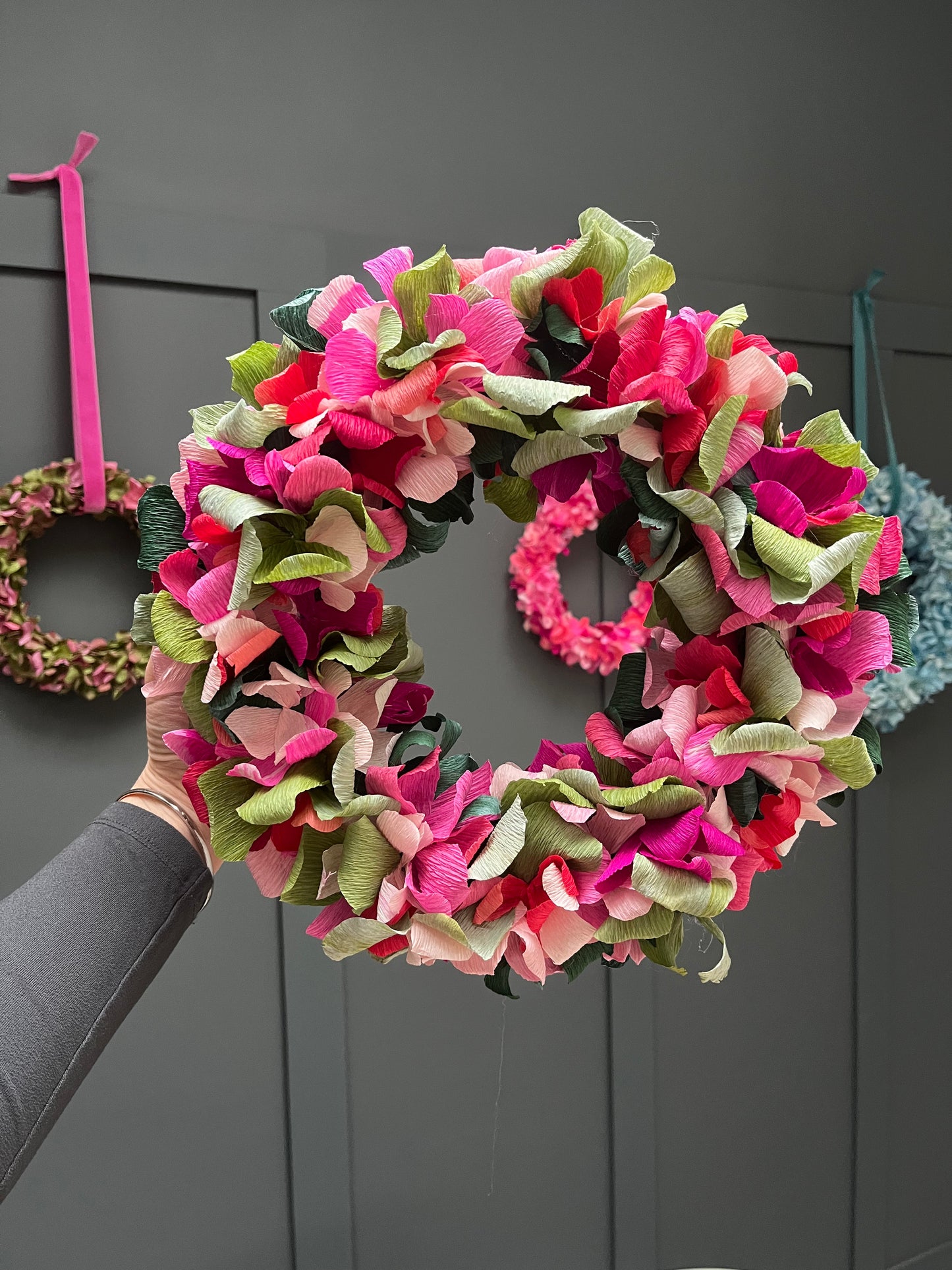 Pink & Green Assorted Crepe Paper Wreath | Multiple Sizes Available