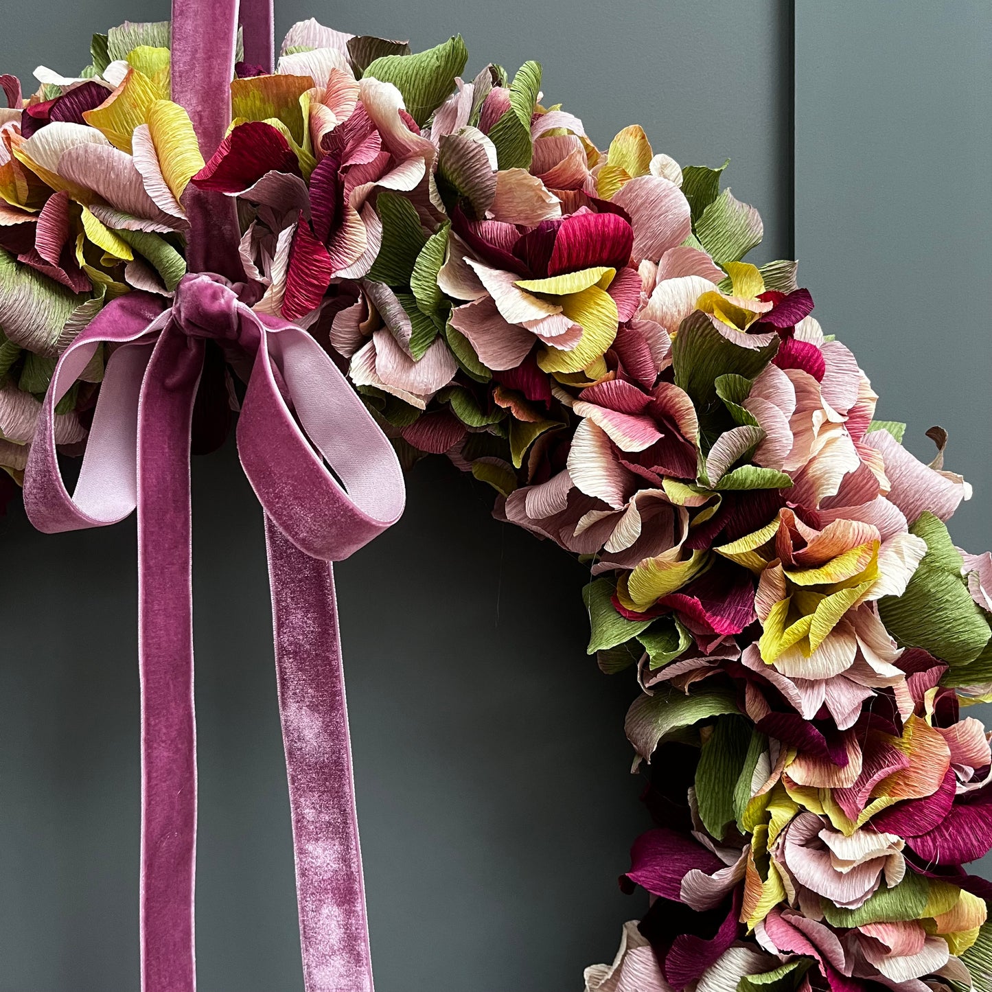 Green, Plum & Pink Crepe Paper Christmas Wreath | Multiple Sizes Available