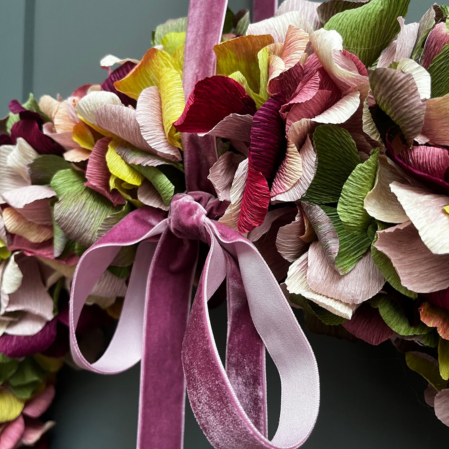 Green, Plum & Pink Crepe Paper Christmas Wreath | Multiple Sizes Available