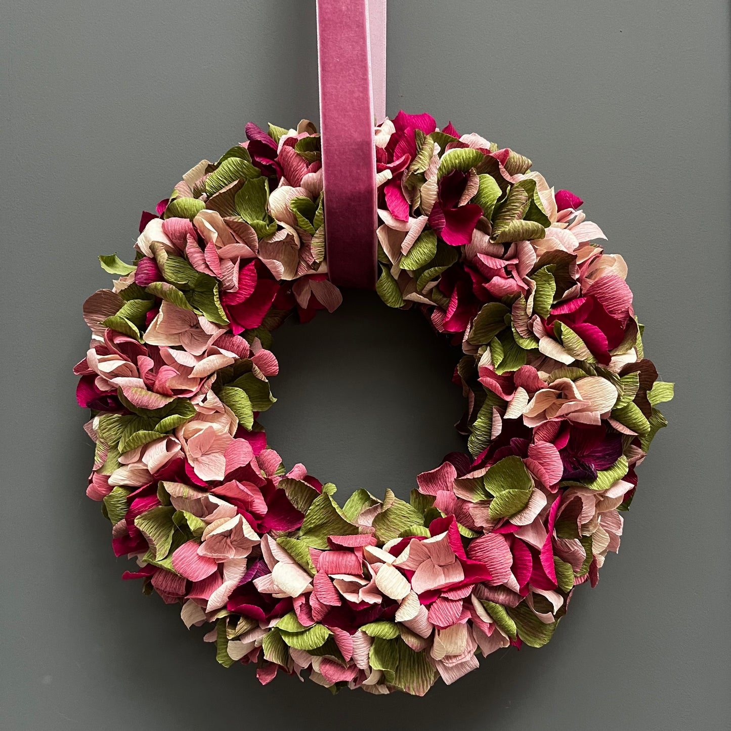 Green, Pink, Plum & Taupe Crepe Paper Christmas Wreath | Multiple Sizes Available