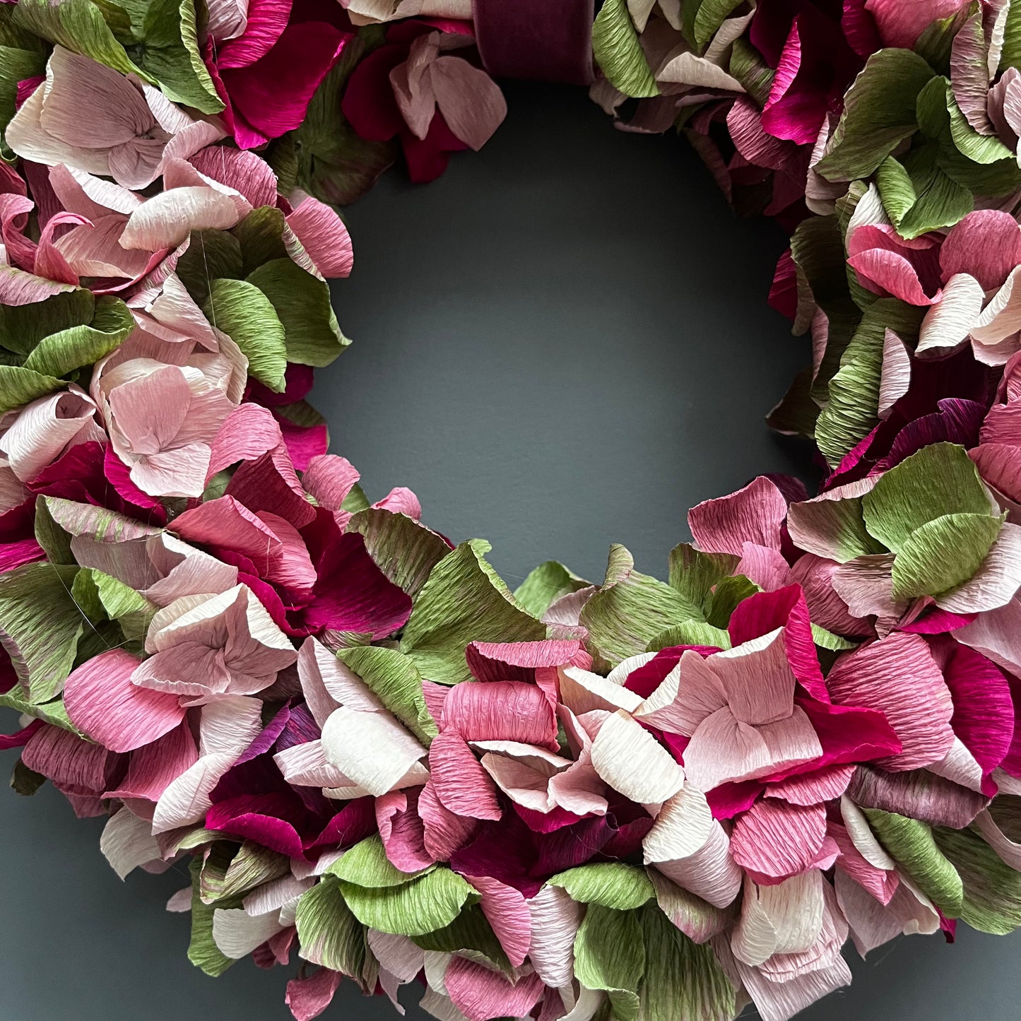 Green, Pink, Plum & Taupe Crepe Paper Christmas Wreath | Multiple Sizes Available